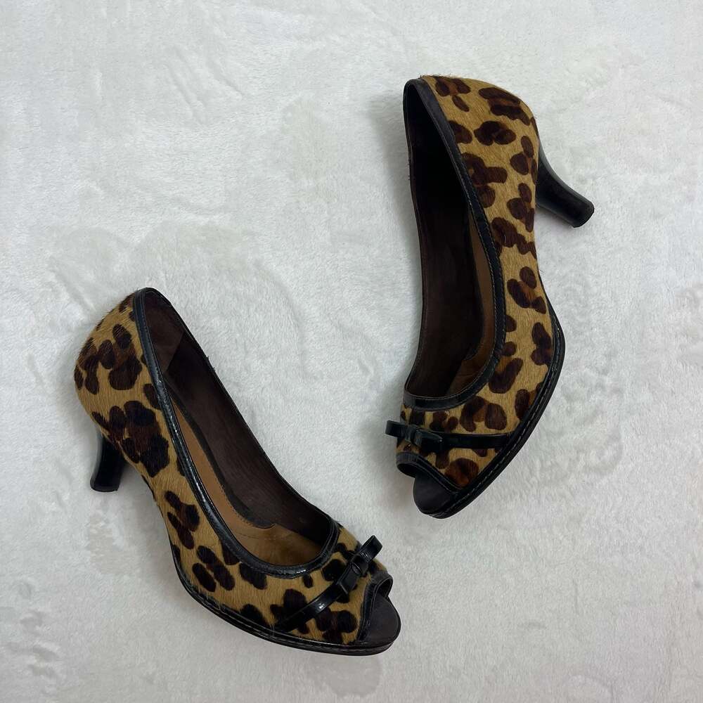 Nurture by Lamaze Leopard Print Calf Hair Peep Toe Heels with Bow Detail